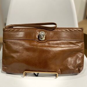Vintage RUTH SALTZ distinctive Gold lion head Brown Leather Wristlet Clutch
